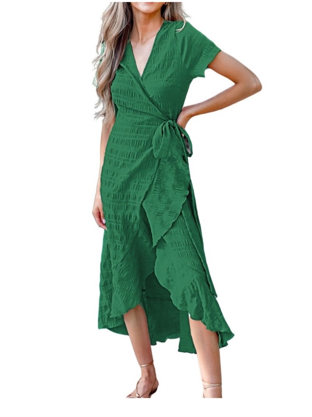 NWT Cupshe Wrap Dress Emerald Green Midi with Tie Waist Size XL - Picture 2 of 10